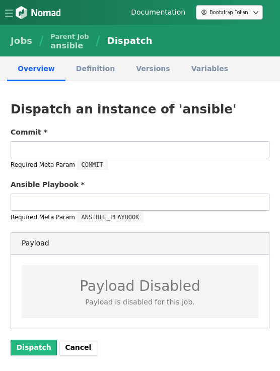 Nomad Dispatch Interface showing Ansible